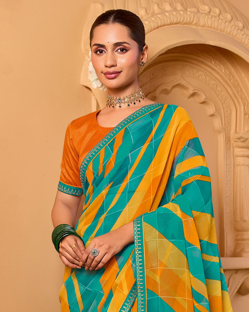 Vishal Prints Persian Green Printed Georgette Saree With Fancy Embroidery Work Border