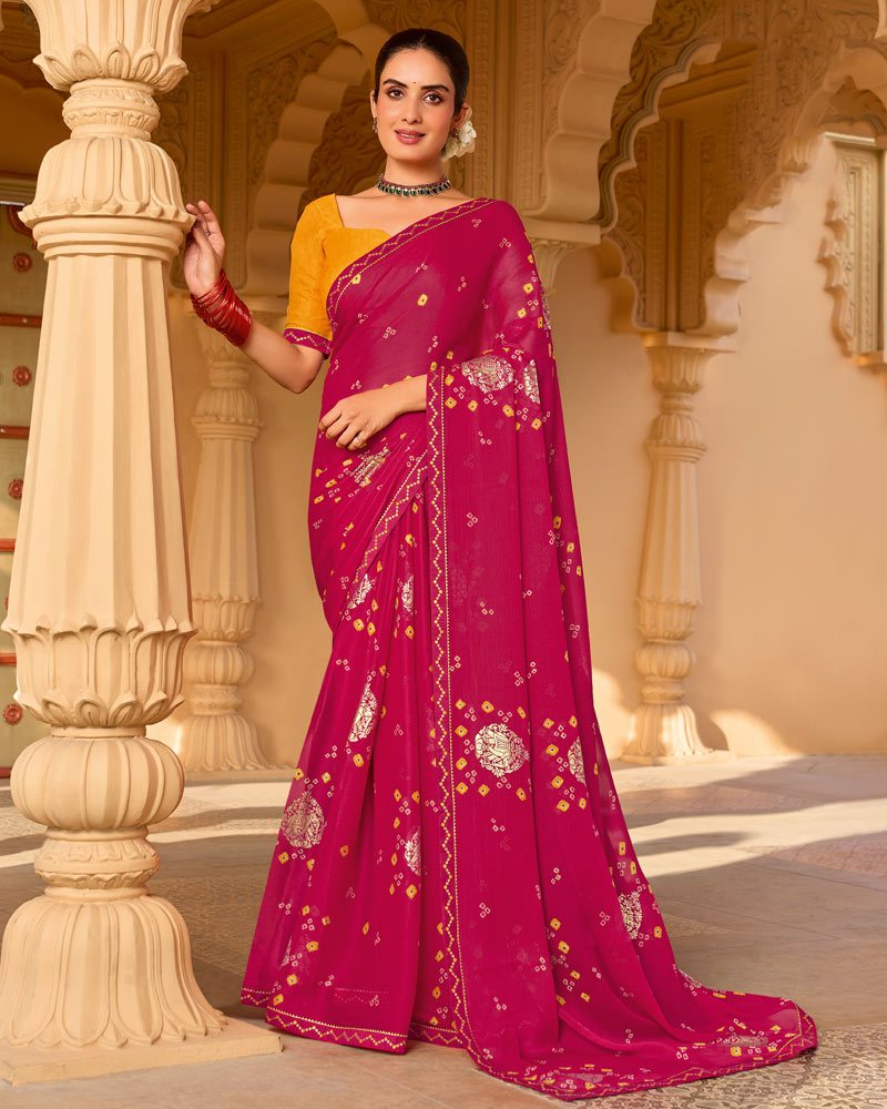 Vishal Prints Purplish Red Printed Chiffon Saree With Foil Print And Fancy Embroidery Work Border
