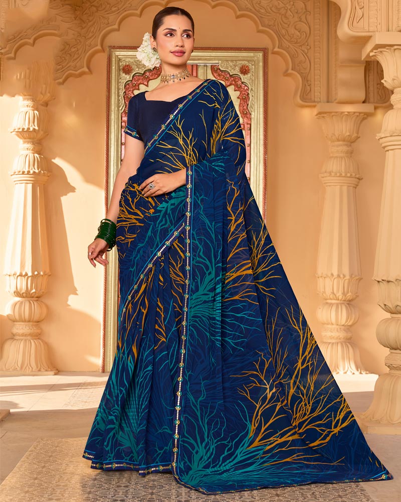 Vishal Prints Nile Blue Printed Georgette Saree With Fancy Embroidery Work Border