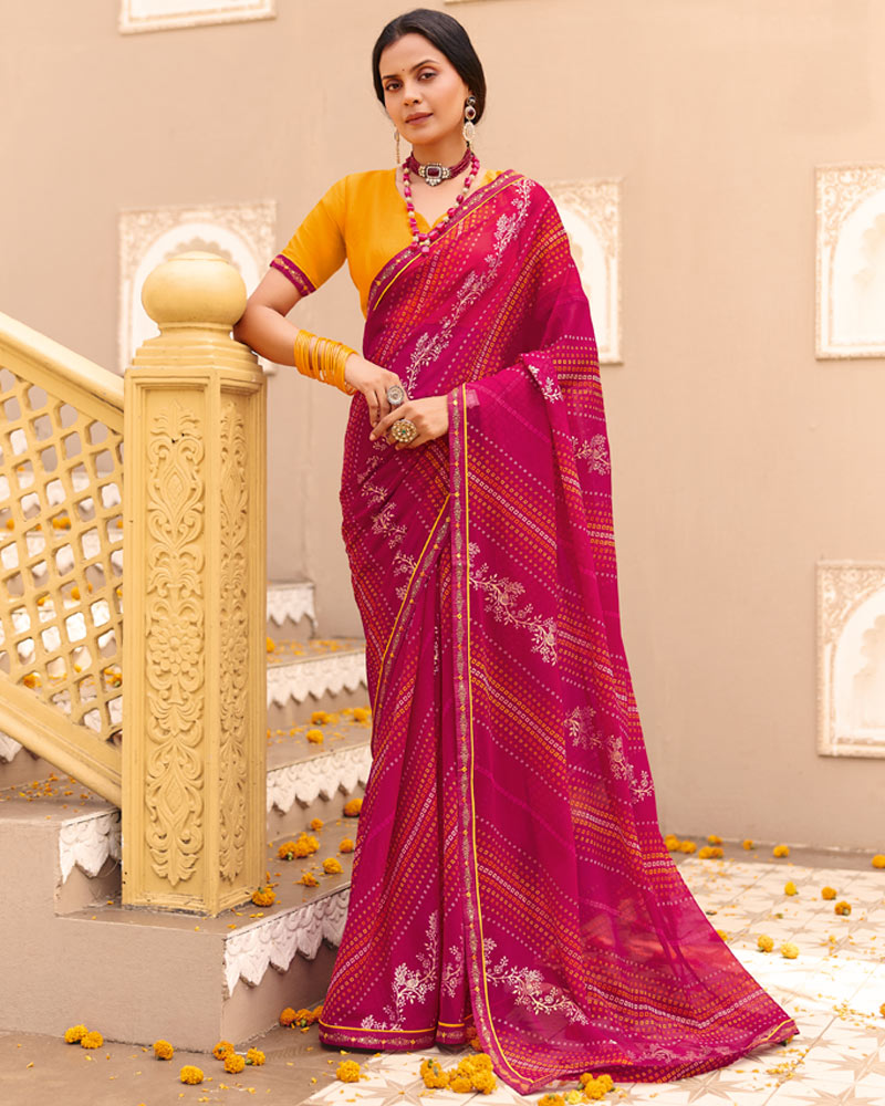Vishal Prints Rani Pink Traditional Print Georgette Saree With Foil Print And Fancy Border