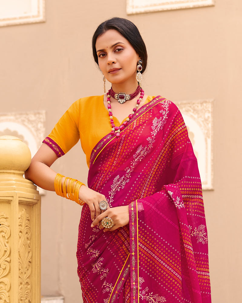 Vishal Prints Rani Pink Traditional Print Georgette Saree With Foil Print And Fancy Border