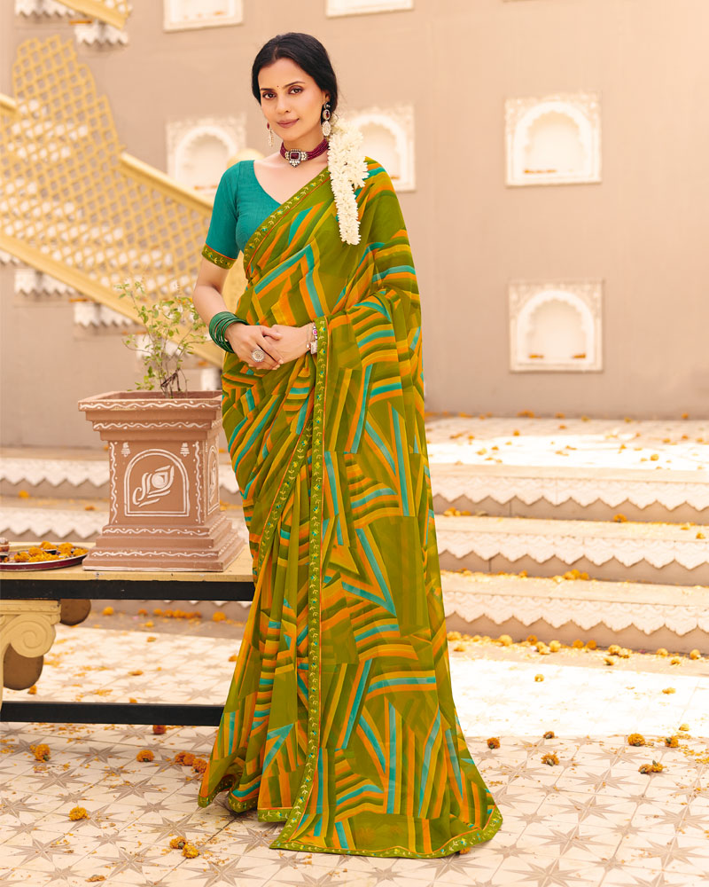 Vishal Prints Mehandi Green Printed Georgette Saree With Foil Print And Fancy Border