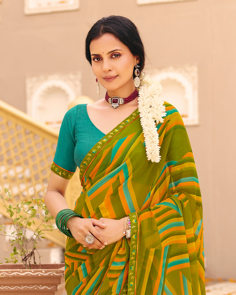 Vishal Prints Mehandi Green Printed Georgette Saree With Foil Print And Fancy Border