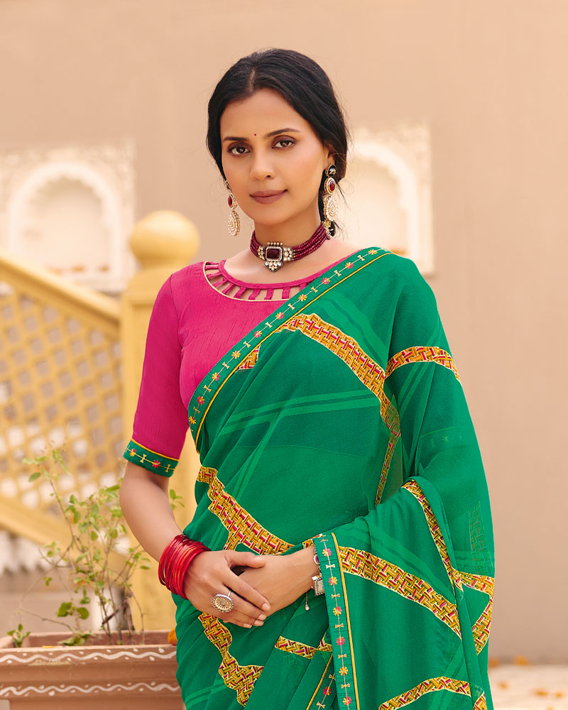 Vishal Prints Dark Green Printed Georgette Saree With Foil Print And Fancy Border