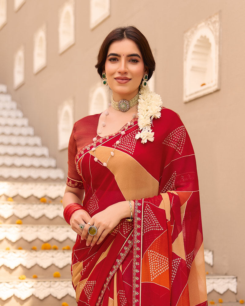 Vishal Prints Maroon Printed Georgette Saree With Foil Print And Fancy Border