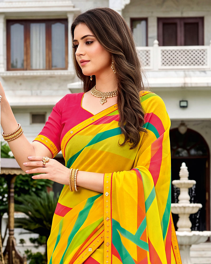 Vishal Prints Golden Yellow Printed Georgette Saree With Fancy Border