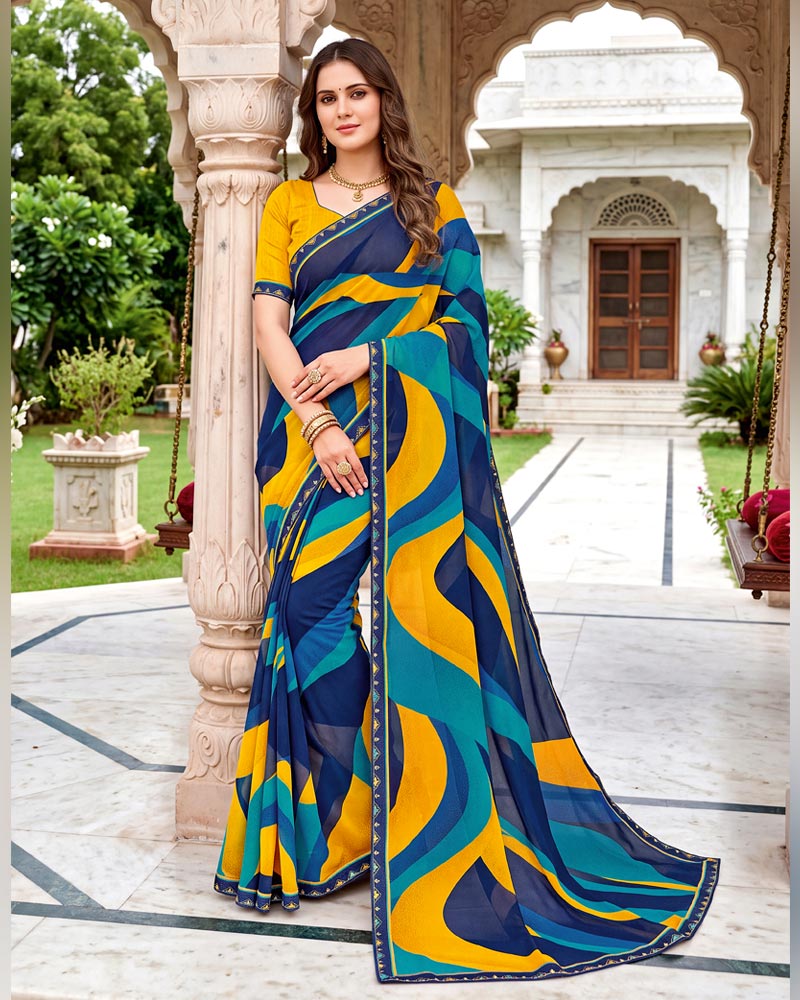 Vishal Prints Nile Blue Printed Georgette Saree With Fancy Border