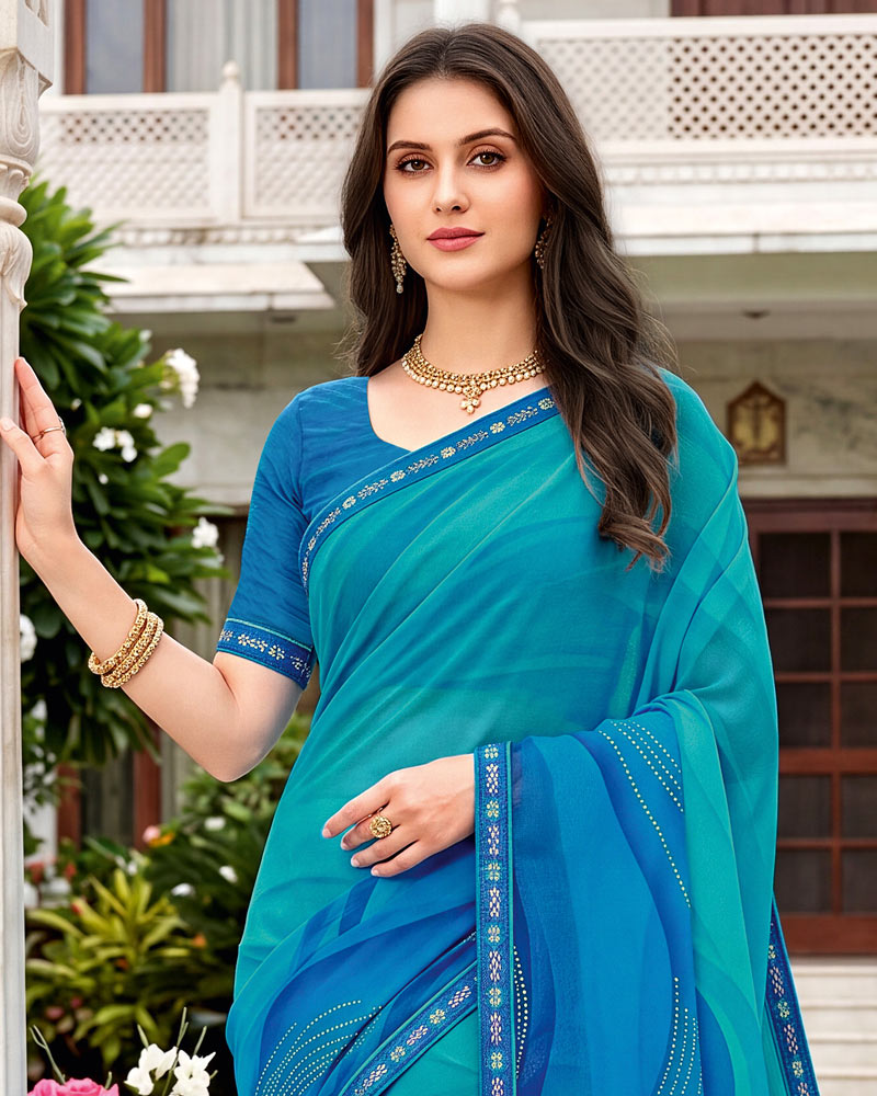 Vishal Prints Ocean Blue Printed Georgette Saree With Fancy Border