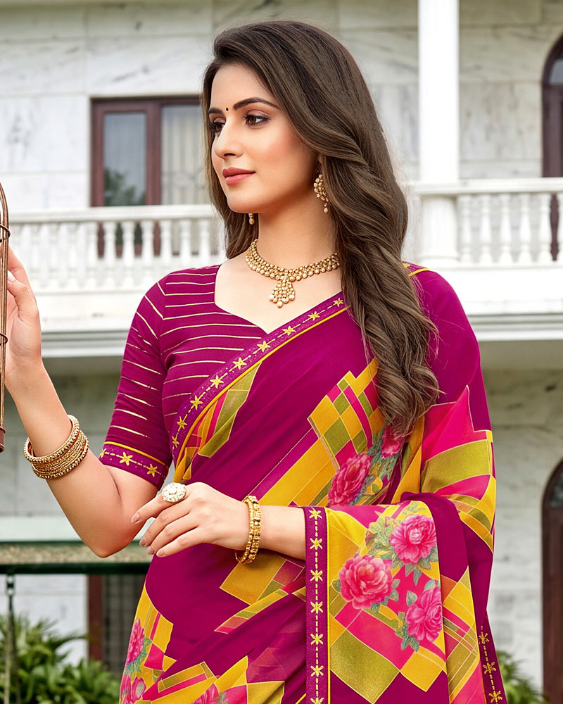 Vishal Prints Purplish Red Printed Georgette Saree With Fancy Border