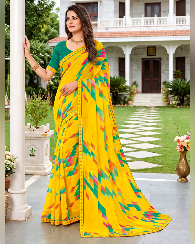 Vishal Prints Golden Yellow Printed Georgette Saree With Fancy Border