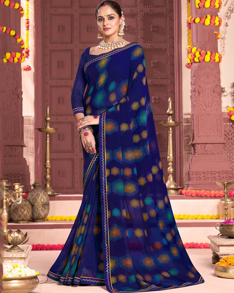 Vishal Prints Navy Blue Printed Georgette Saree With Fancy Border