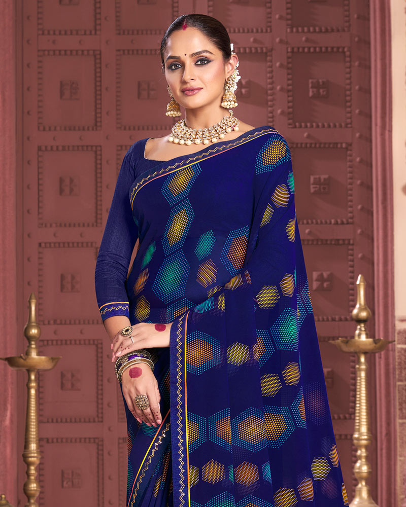 Vishal Prints Navy Blue Printed Georgette Saree With Fancy Border