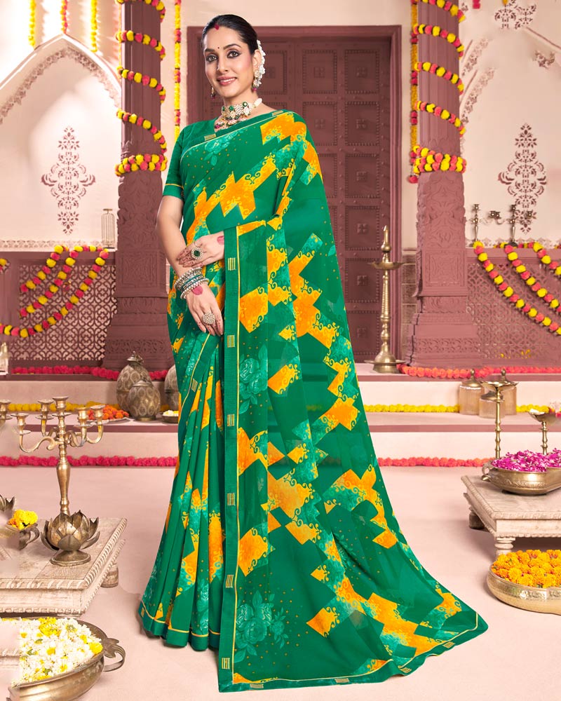 Vishal Prints Dark Sea Green Printed Georgette Saree With Fancy Border