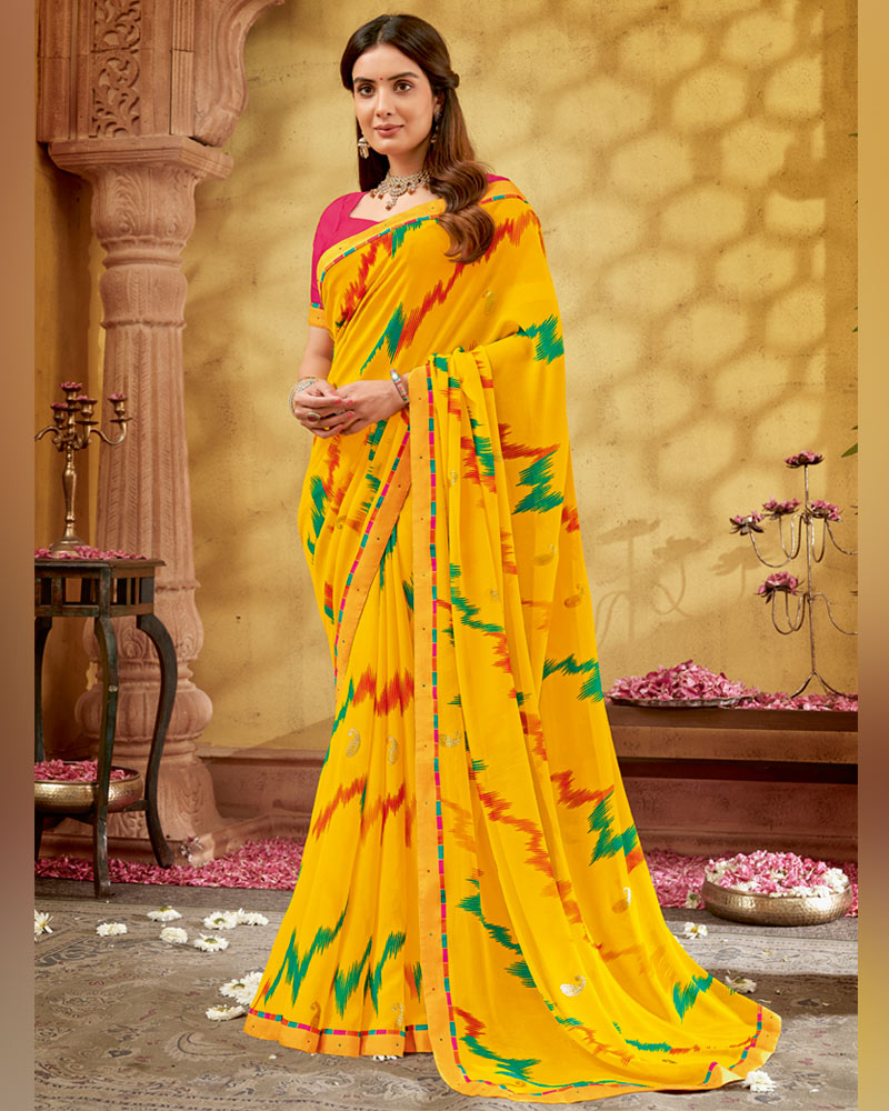 Vishal Prints Dark Yellow Printed Georgette Saree With Foil Print And Fancy Border