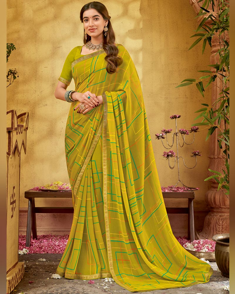 Vishal Prints Olive Green Printed Georgette Saree With Fancy Border