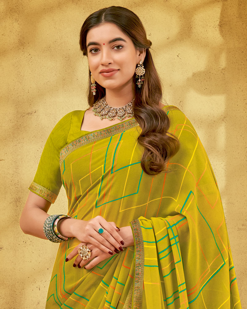Vishal Prints Olive Green Printed Georgette Saree With Fancy Border
