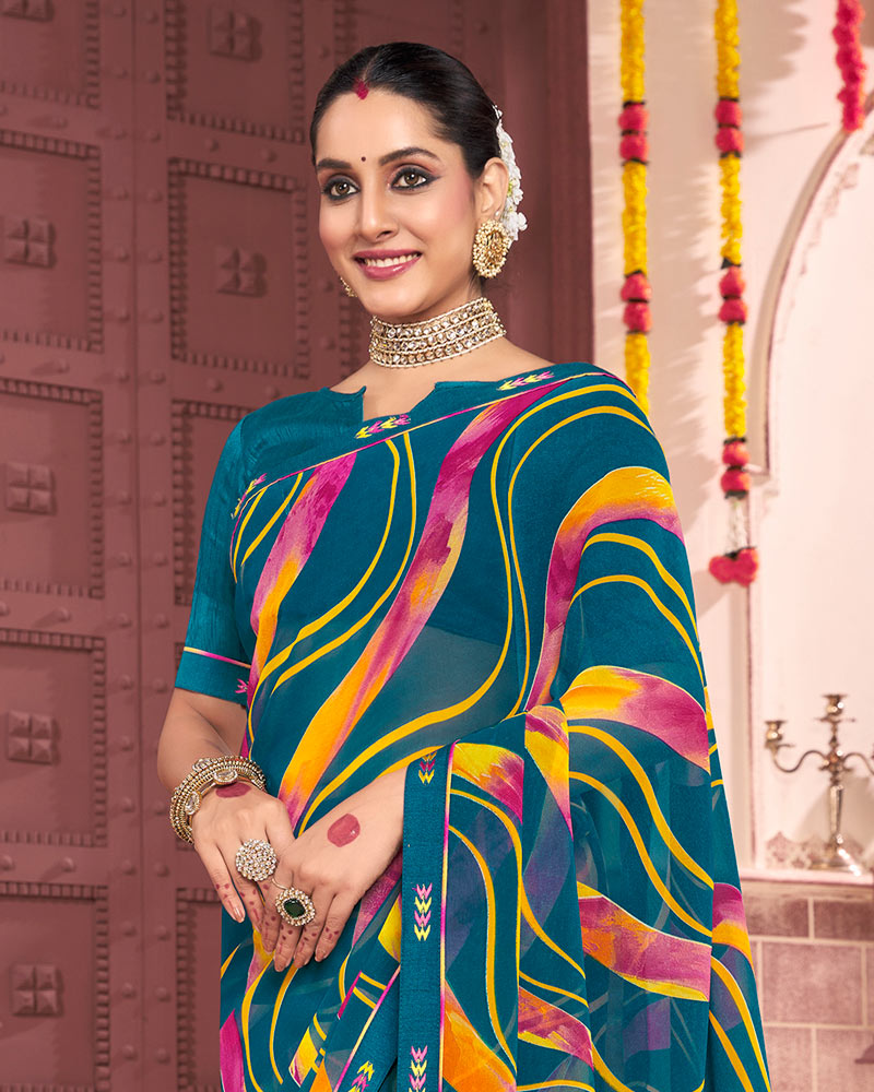 Vishal Prints Peacock Blue Printed Georgette Saree With Fancy Border