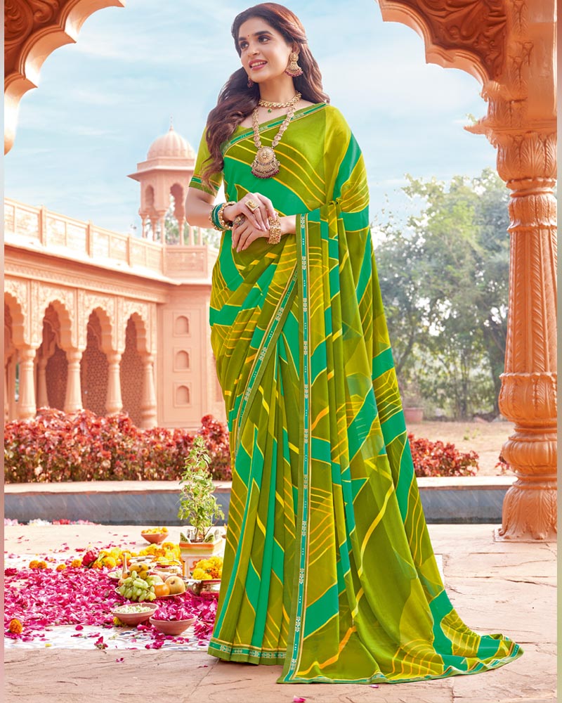 Vishal Prints Olive Green Printed Georgette Saree With Fancy Border
