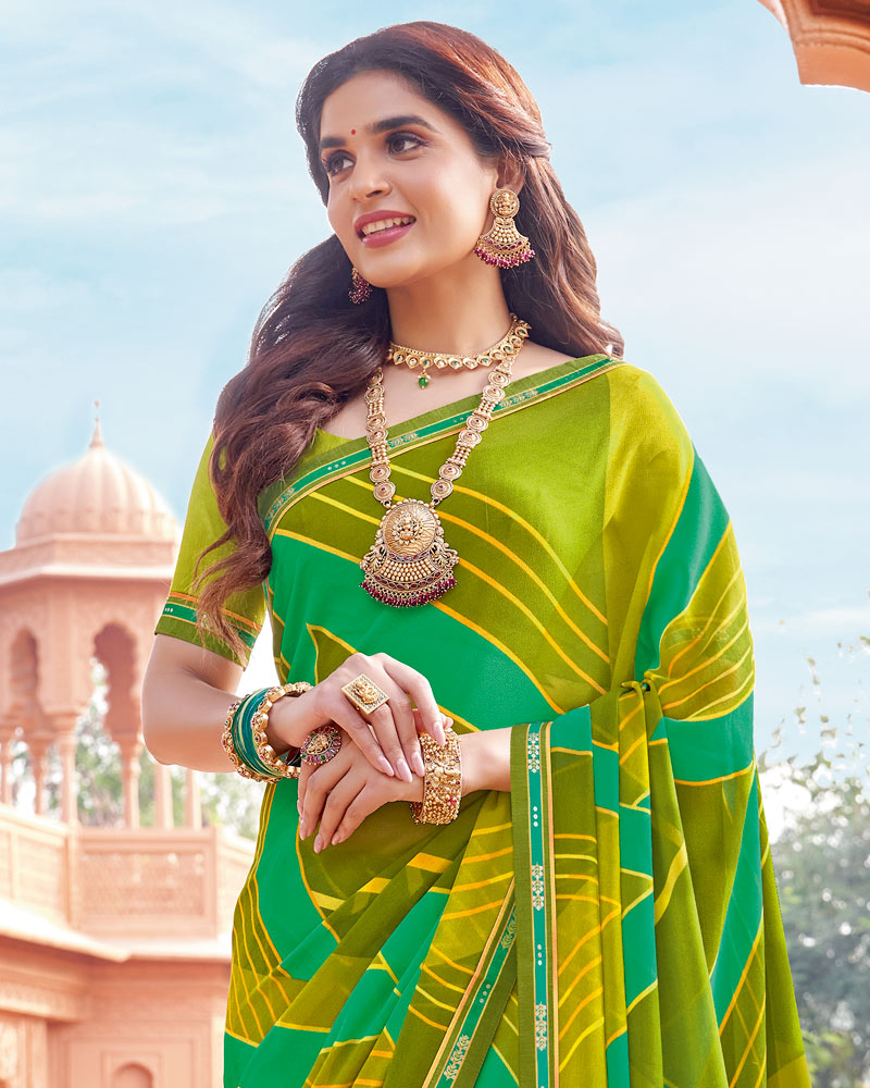 Vishal Prints Olive Green Printed Georgette Saree With Fancy Border
