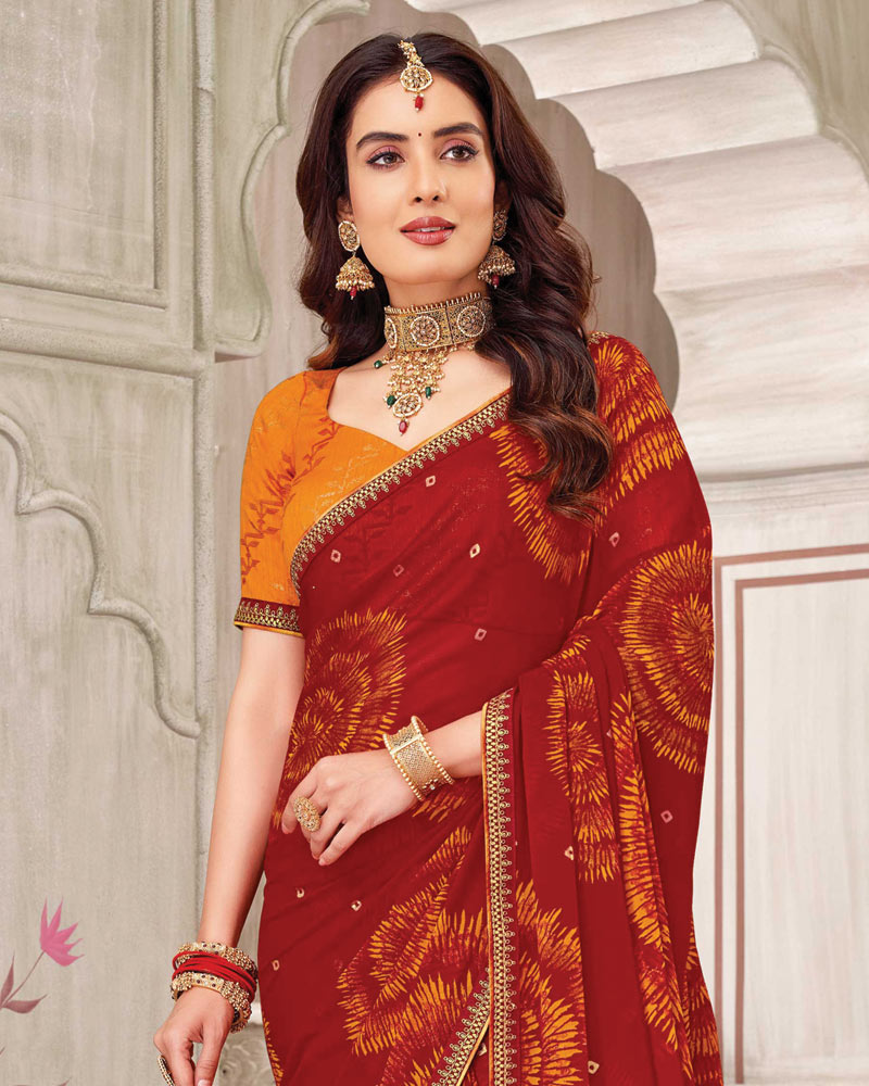 Vishal Prints Brick Red Printed Chiffon Bandhani Print Saree With Foil Print And Fancy Border