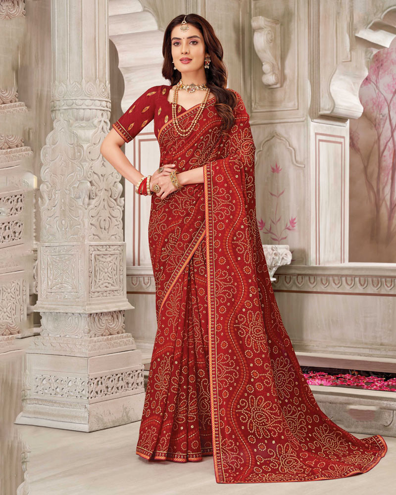 Vishal Prints Shiraz Red Printed Chiffon Bandhani Print Saree With Foil Print And Fancy Border