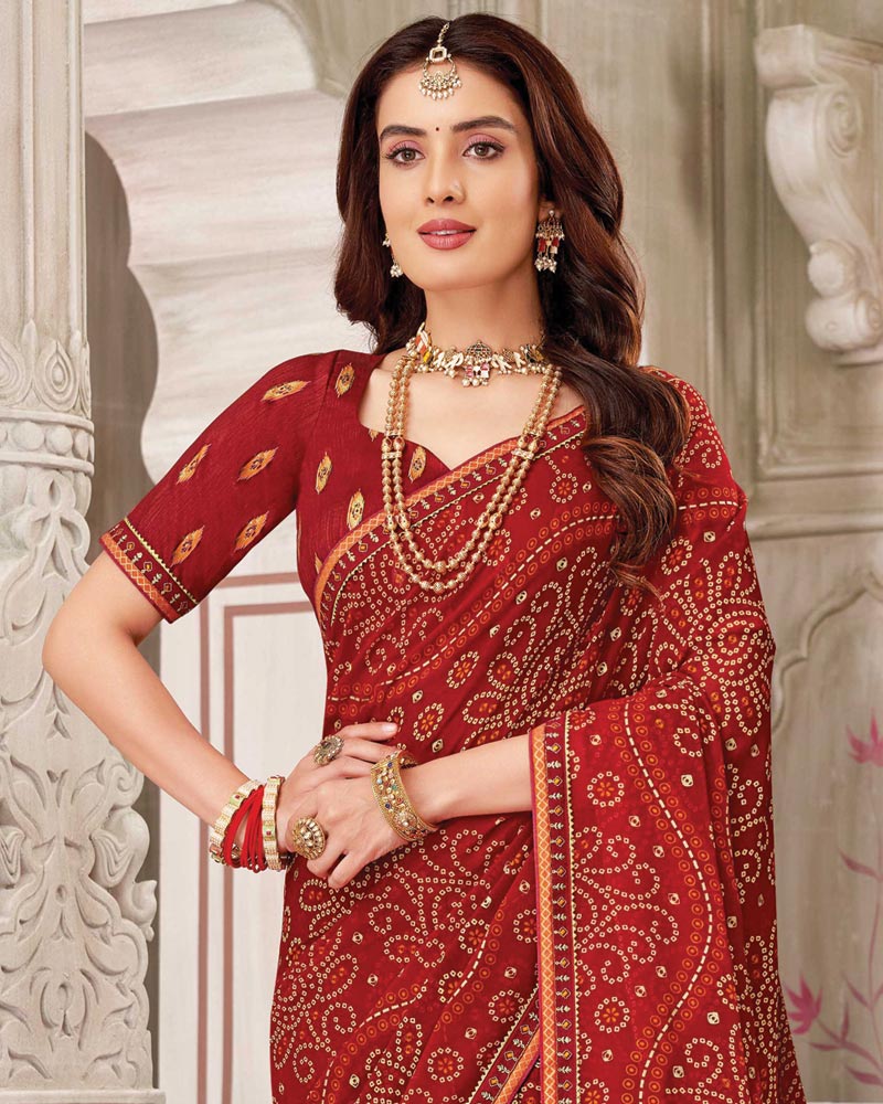 Vishal Prints Shiraz Red Printed Chiffon Bandhani Print Saree With Foil Print And Fancy Border