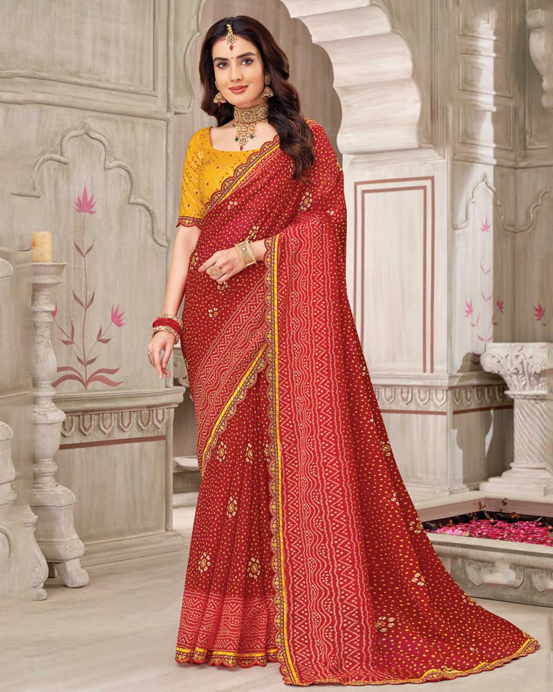 Vishal Prints Carmine Red Printed Chiffon Bandhani Print Saree With Foil Print And Fancy Border