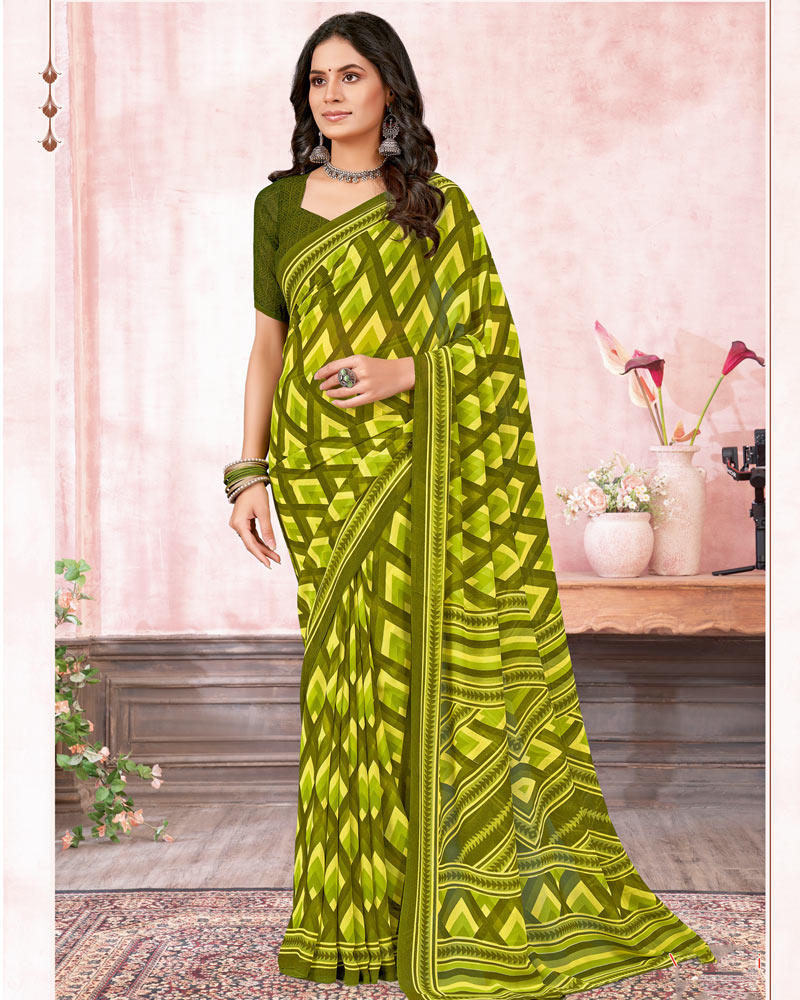 Vishal Prints Mehandi Green Printed Georgette Saree