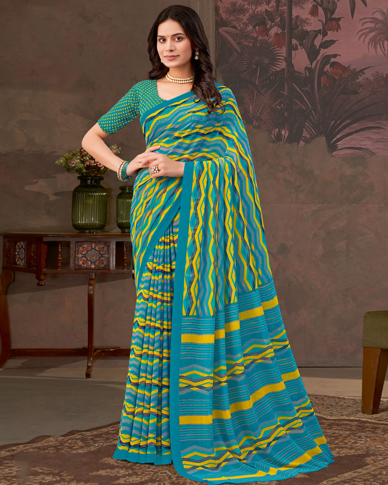 Women's Cotton Teal green Printed Designer Saree With Blouse Piece