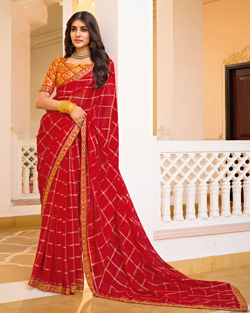 Vishal Prints Lipstick Red Designer Fancy Checks Chiffon Saree With Diamond Work And Embroidery Border