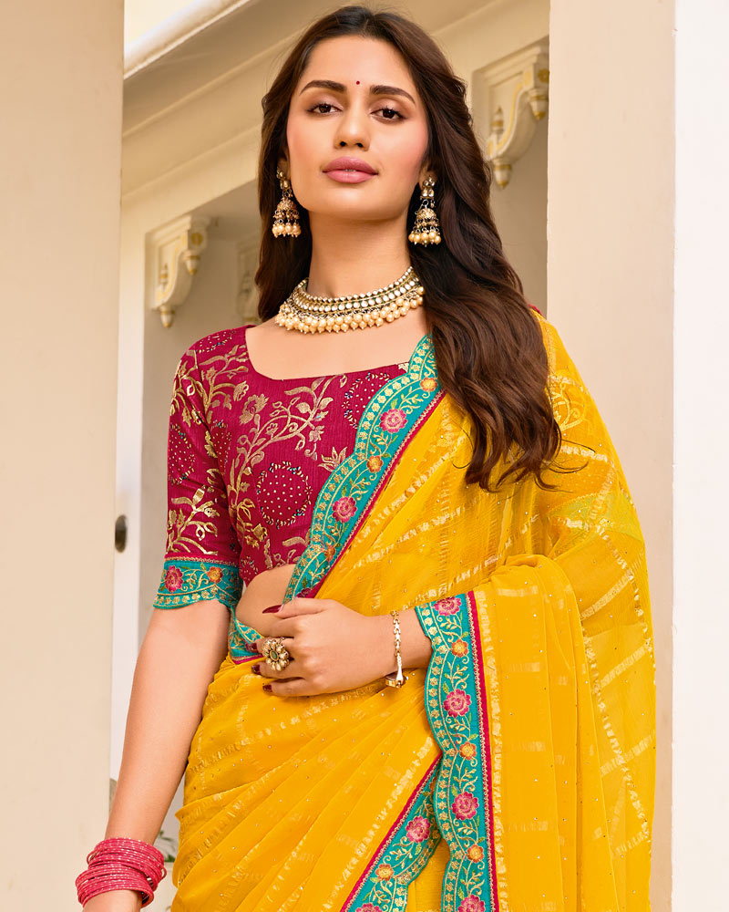 Vishal Prints Yellow Orange Designer Fancy Checks Chiffon Saree With Diamond Work And Embroidery Border