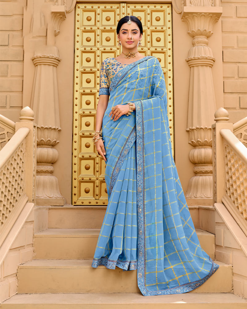 Vishal Prints Dark Pastel Blue Designer Fancy Checks Chiffon Saree With Diamond Work And Embroidery Border