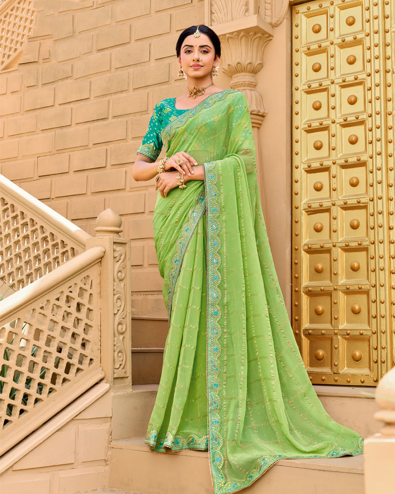 Vishal Prints Light Moss Green Designer Fancy Checks Chiffon Saree With Diamond Work And Embroidery Border