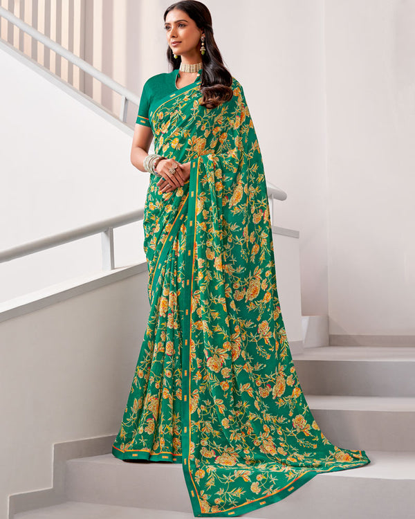 Vishal Prints Dark Green Printed Georgette Saree With Fancy Border