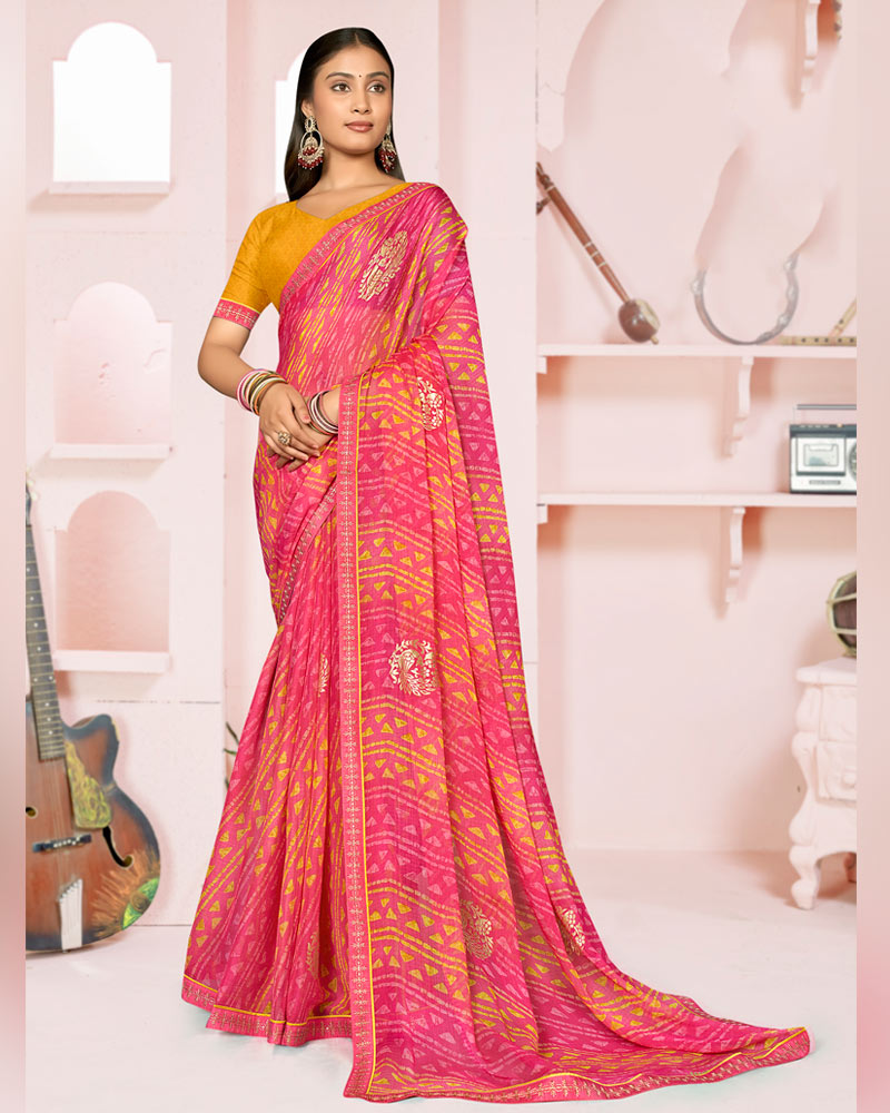 Vishal Prints French Rose Pink Printed Chiffon Saree With Foil Print And Fancy Embroidery Border