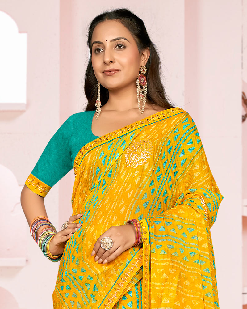 Vishal Prints Yellowish Orange Printed Chiffon Saree With Foil Print And Fancy Embroidery Border