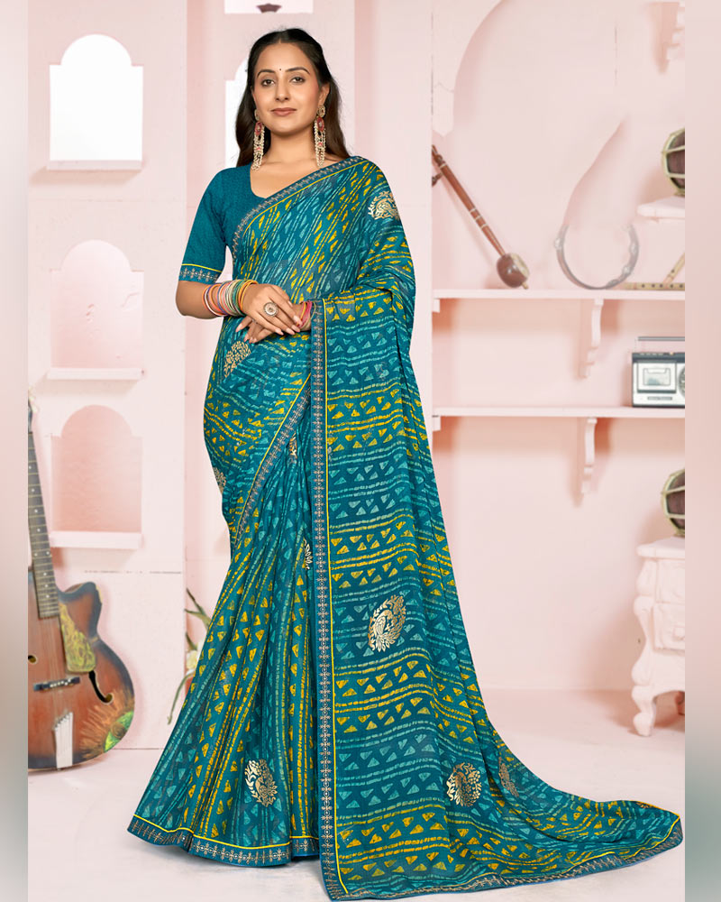Vishal Prints Dark Aqua Blue Printed Chiffon Saree With Foil Print And Fancy Embroidery Border