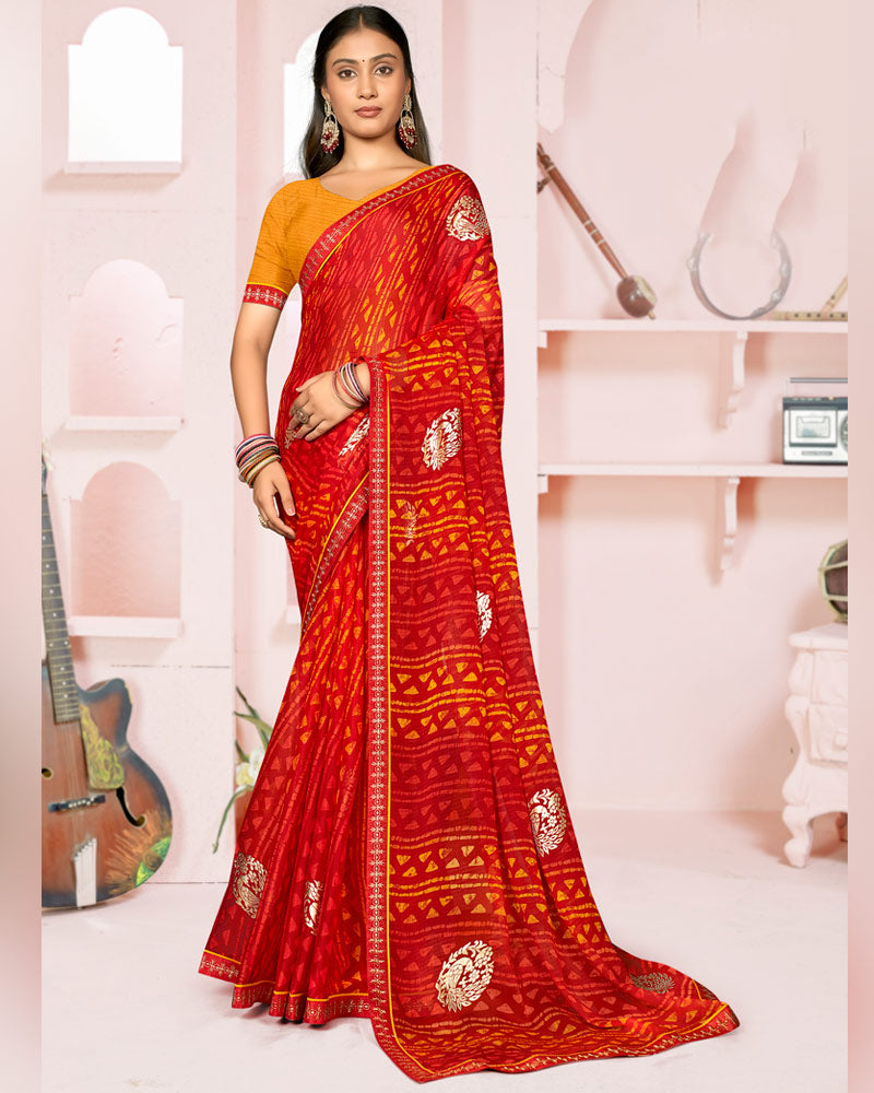 Vishal Prints Lava Red Printed Chiffon Saree With Foil Print And Fancy Embroidery Border