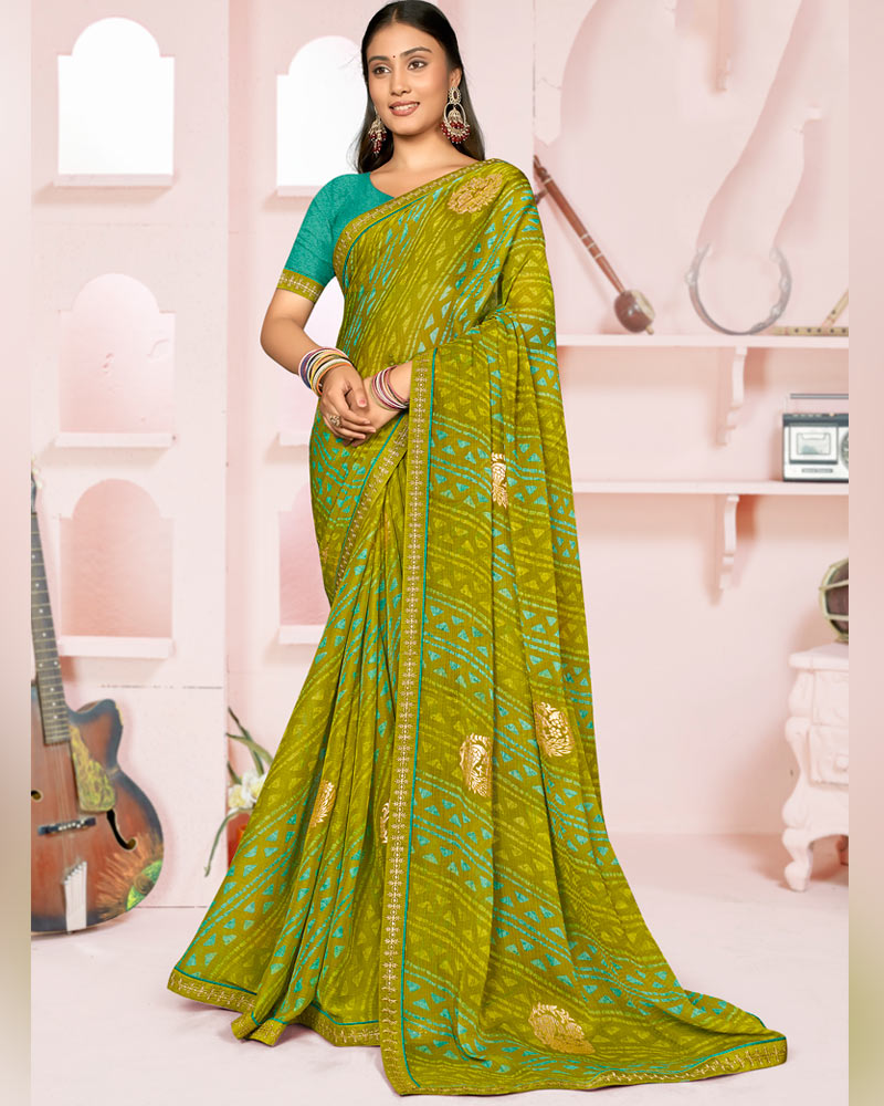 Vishal Prints Olive Yellow Printed Chiffon Saree With Foil Print And Fancy Embroidery Border
