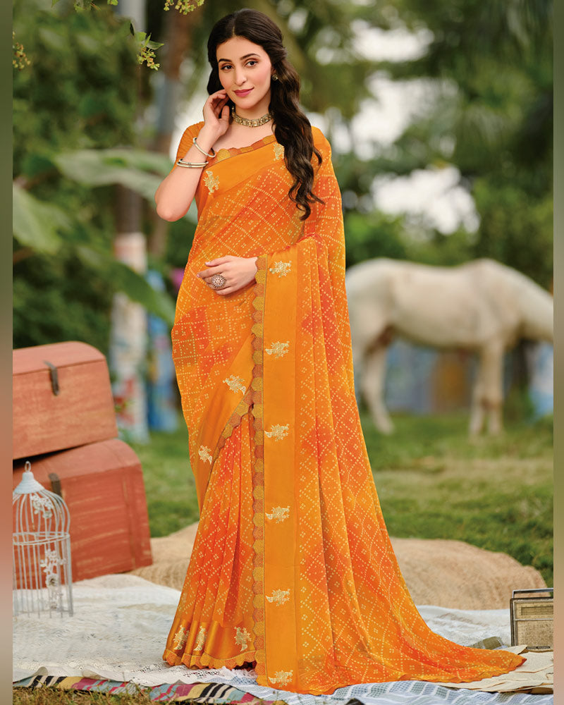 Vishal Prints Carrot Orange Printed Georgette Saree With Foil Print And Weaved Satin Patta With Border