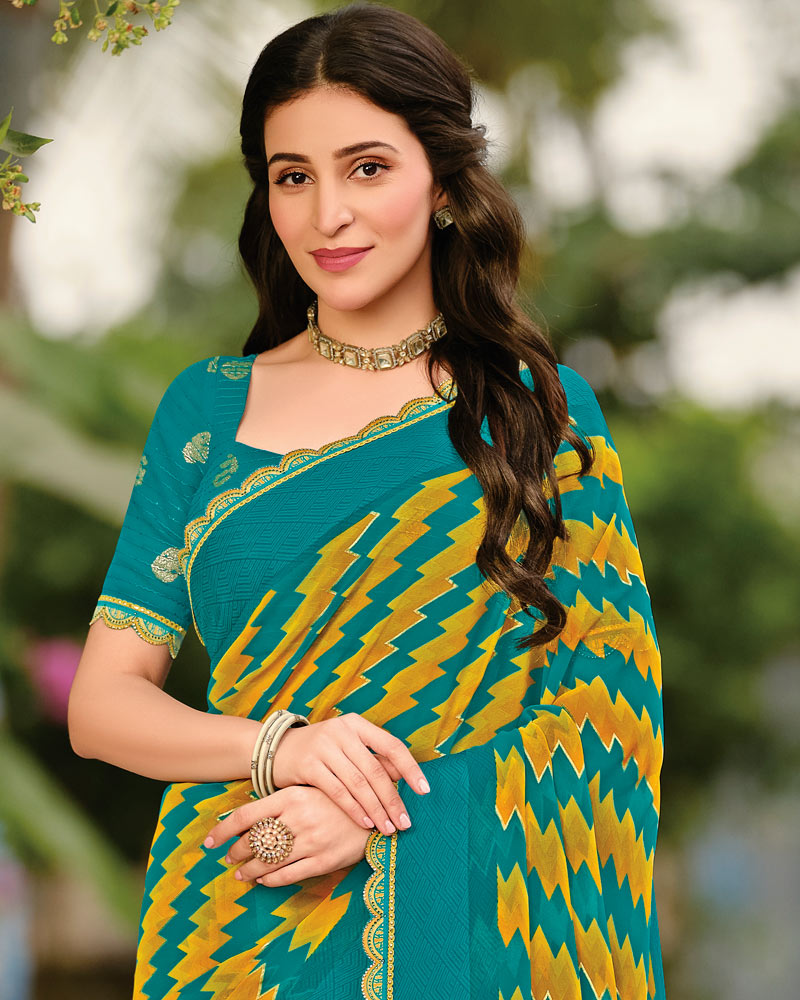 Vishal Prints Deep Aqua Green Printed Georgette Saree With Foil Print And Weaved Satin Patta With Border