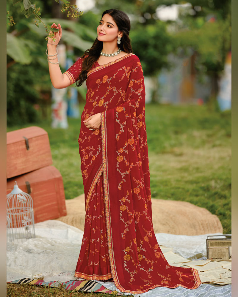 Vishal Prints Deep Maroon Printed Georgette Saree With Foil Print And Weaved Satin Patta With Border