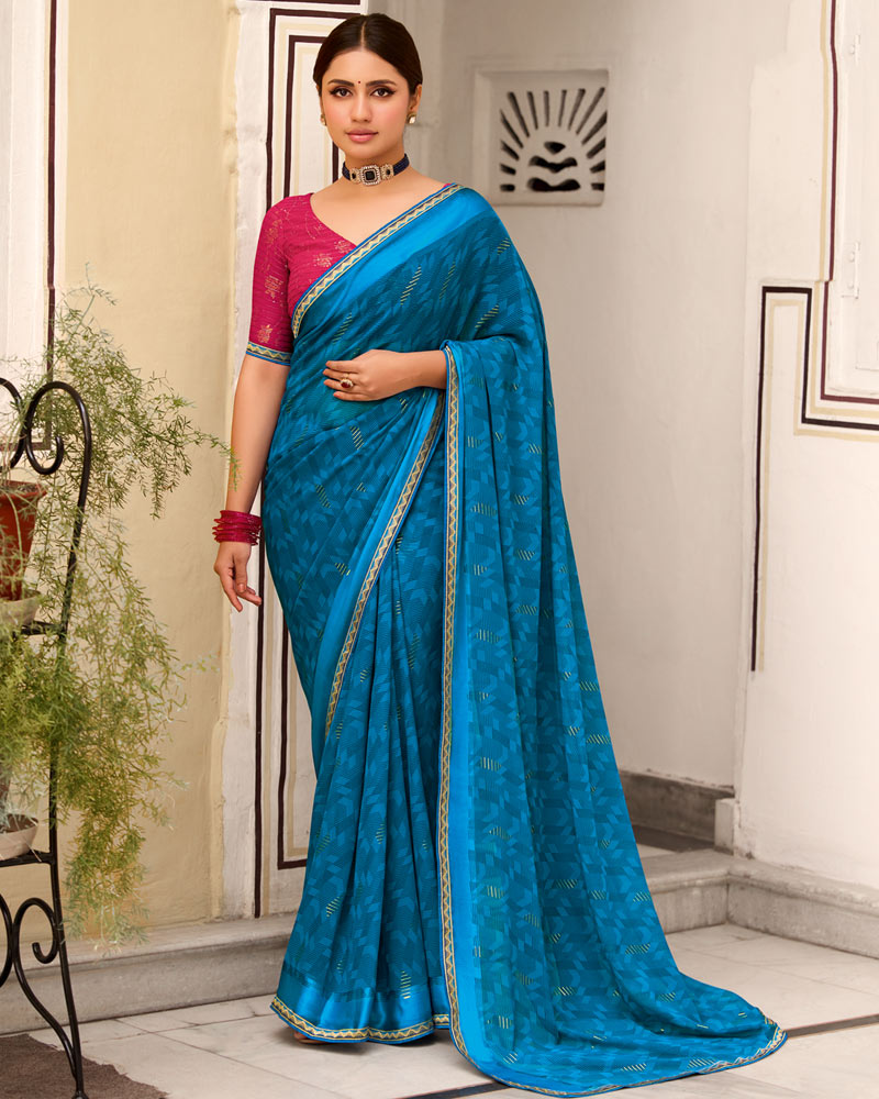 Vishal Prints French Blue Printed Georgette Saree With Foil Print And Satin Patta With Border