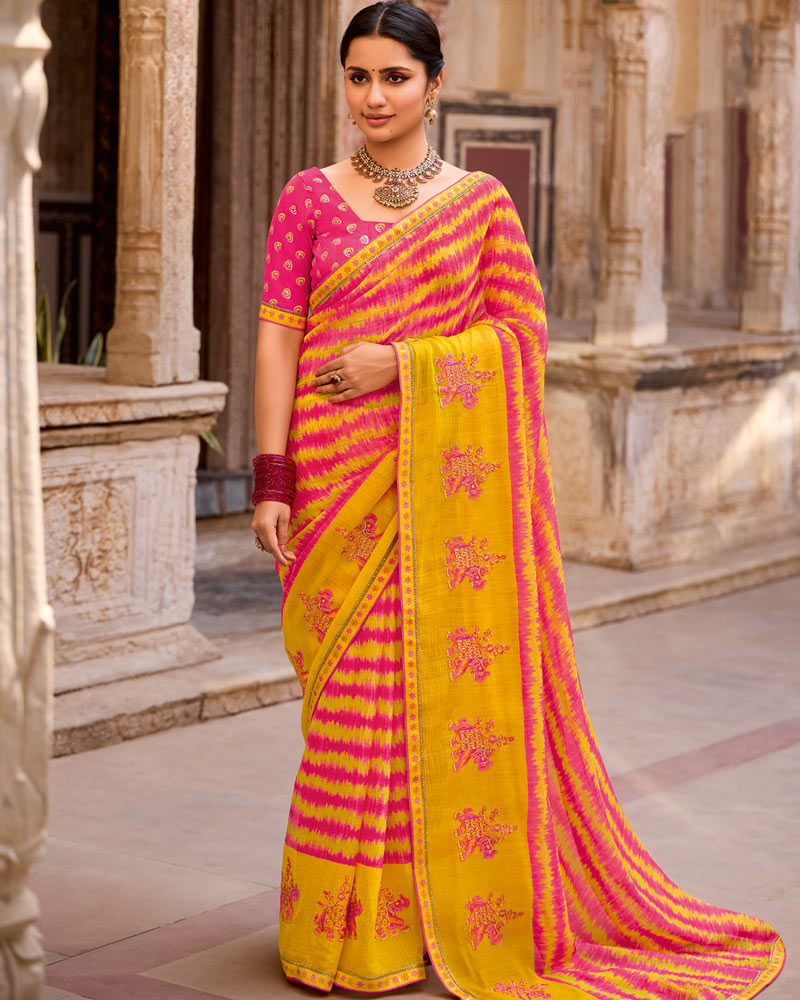 Vishal Prints Amaranth Pink Designer Printed Fancy Chiffon Saree With Embroidery Work And Fancy Border