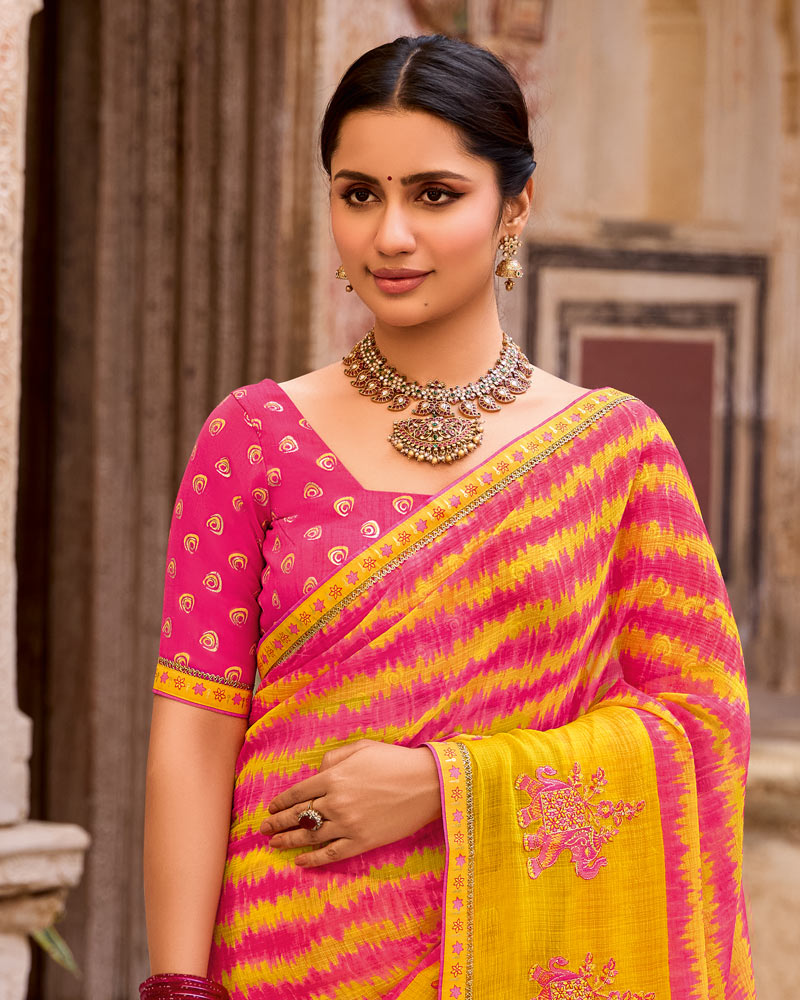 Vishal Prints Amaranth Pink Designer Printed Fancy Chiffon Saree With Embroidery Work And Fancy Border