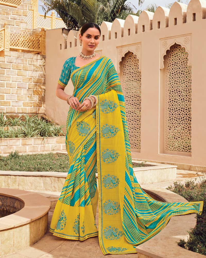 Vishal Prints Burnt Yellow Designer Printed Fancy Chiffon Saree With Embroidery Work And Fancy Border