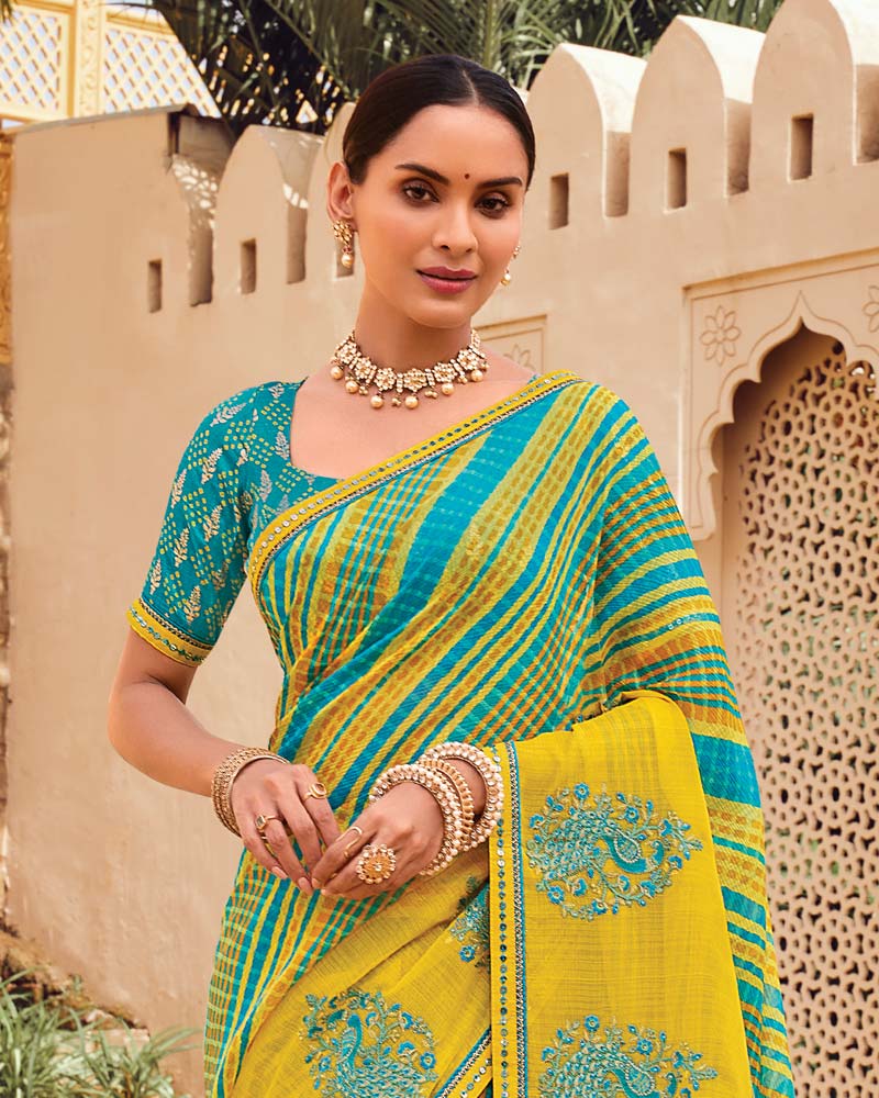 Vishal Prints Burnt Yellow Designer Printed Fancy Chiffon Saree With Embroidery Work And Fancy Border