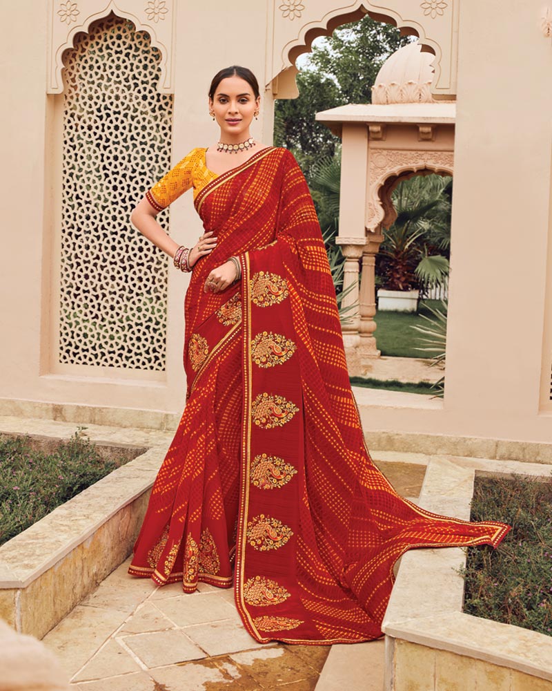 Vishal Prints Paprika Red Designer Printed Fancy Chiffon Saree With Embroidery Work And Fancy Border