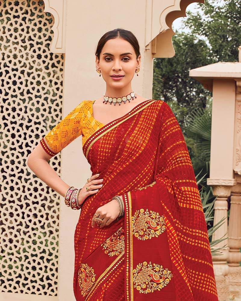 Vishal Prints Paprika Red Designer Printed Fancy Chiffon Saree With Embroidery Work And Fancy Border