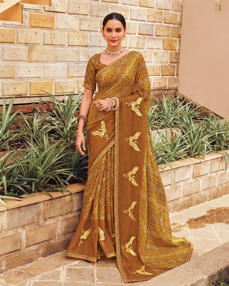 Vishal Prints Brownish Orange Designer Printed Fancy Chiffon Saree With Embroidery Work And Fancy Border